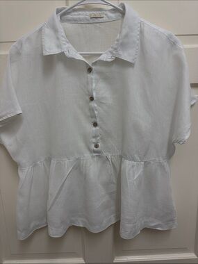 100% Linen White Peplum Button-Front Shirt